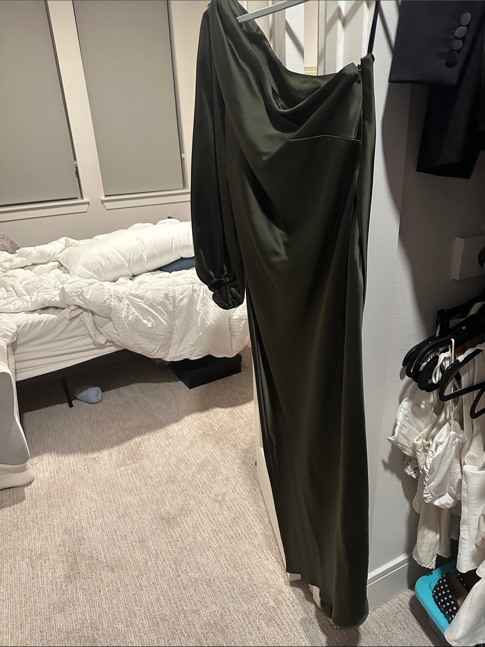 Social Bridesmaids One-Shoulder Olive Green Satin Gown